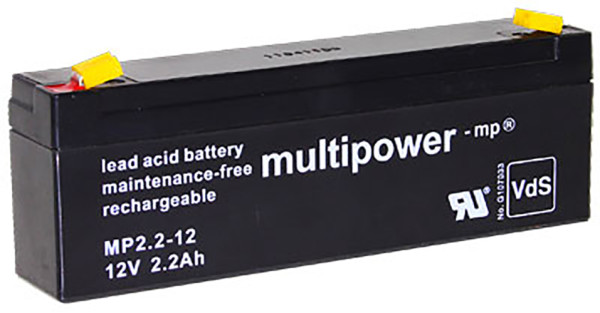 Blei-Akku Multipower MP2.3-12 (2.2-12), mit VDS-Zulassung, 4,8 mm Faston Anschluss, 12 Volt, 2,3 Ah